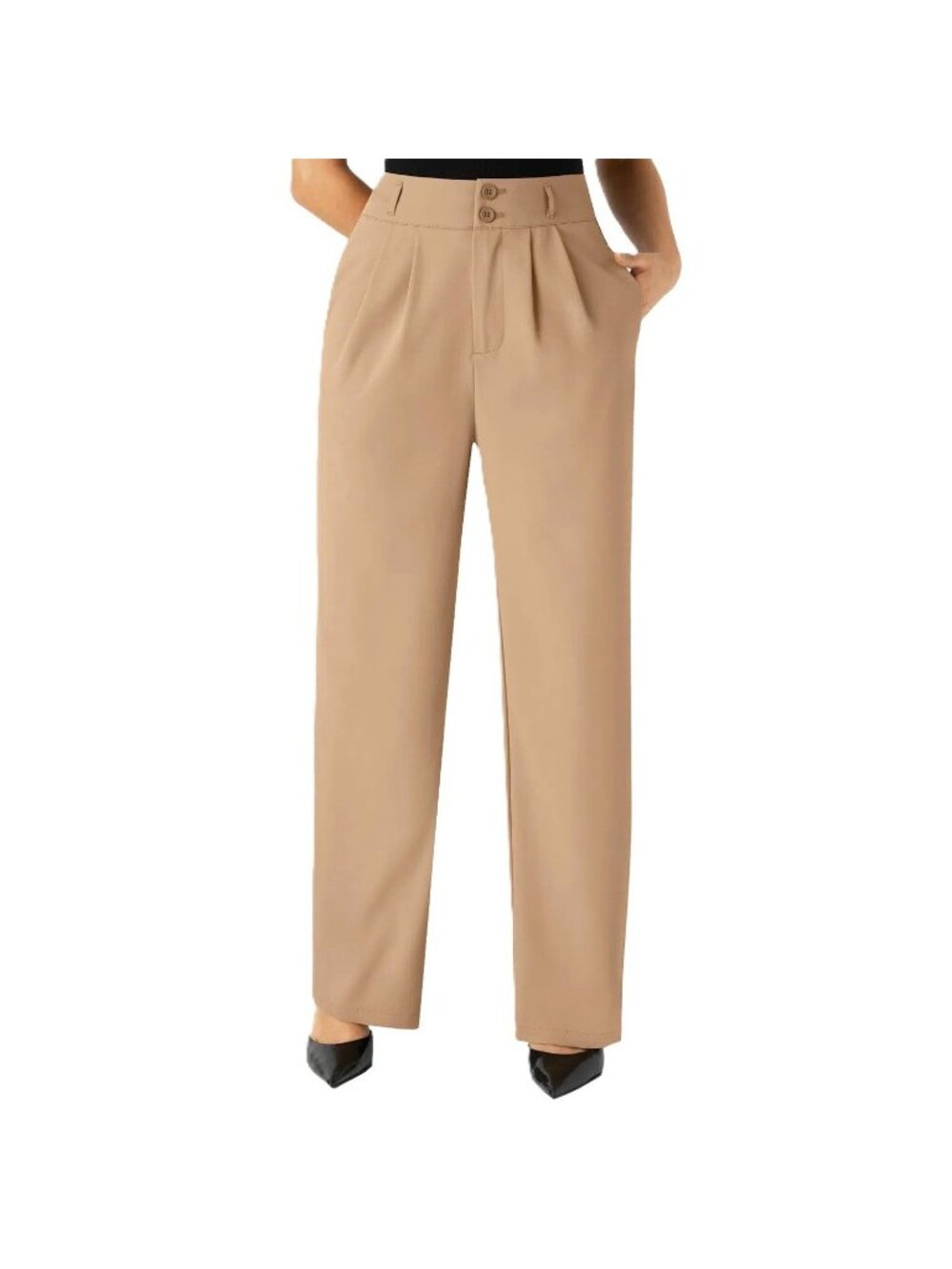 Halara High Waisted Button Zipper Side Pocket Wide Leg Trousers Tan Large Petite